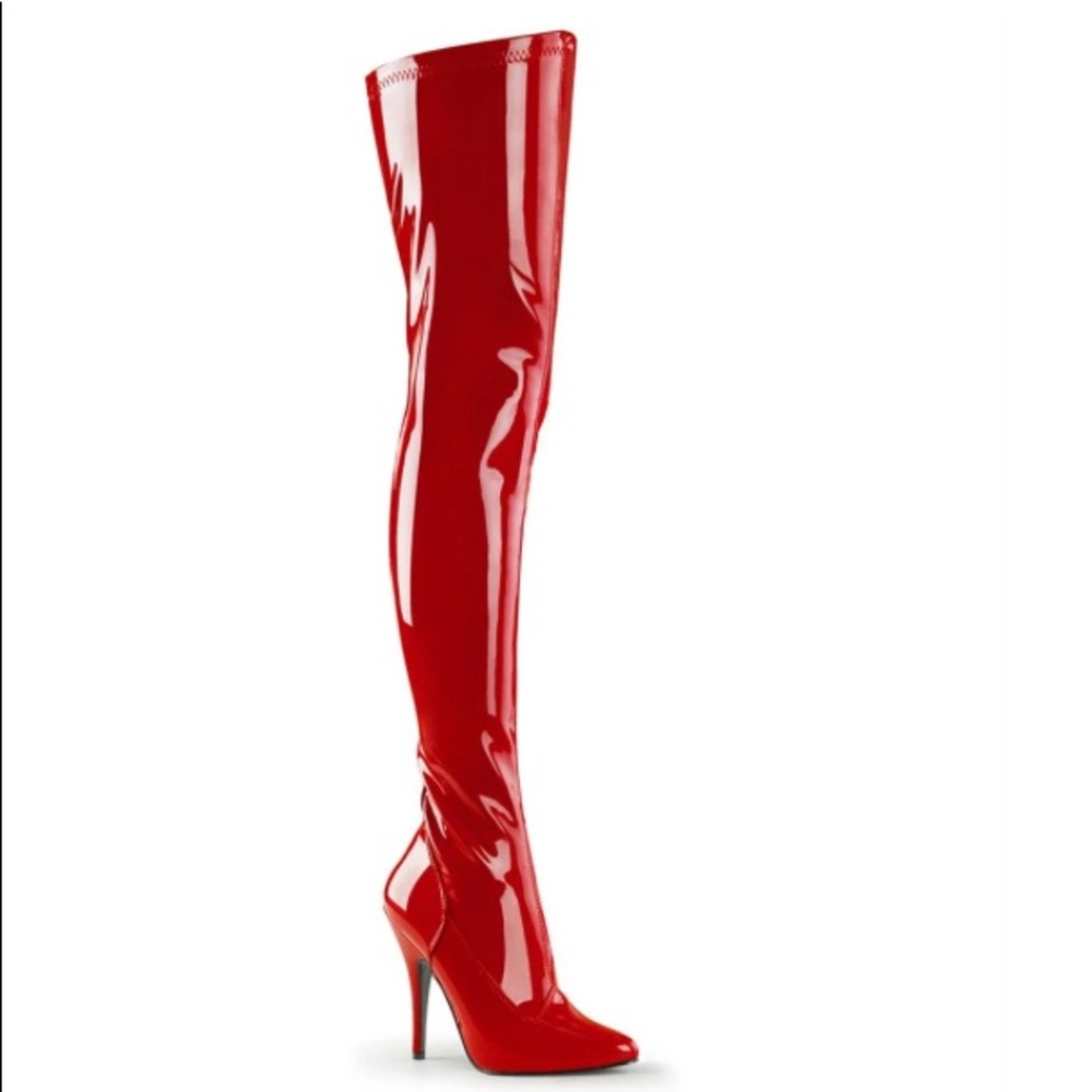 Red patent leather thigh high stilettos